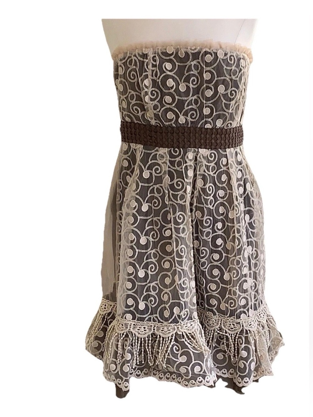 Ryu Anthroplogie Sleeveless Dress L Brown Ivory Lace Overlay Fairycore Romantic